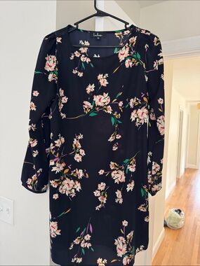 Lulu's Black Floral Long-Sleeve Shift Dress with Pink Blossoms